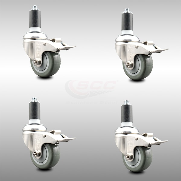 Service Caster 3 Inch 316SS Gray Poly Swivel 1-3/8 Inch Expanding Stem Caster Set Lock Brake SCC-SS316TTLEX20S314-PPUB-138-4 - main